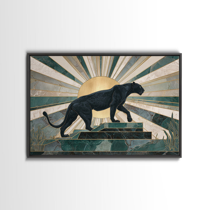 Black Panther Sculpture on a Marble Plinth Framed Canvas Print, Art Deco Art, Wall Art Print, Living Room Decor, Glamour, ADA-3x2-63