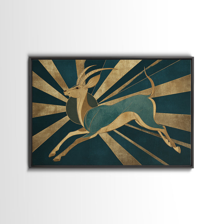 Stylized Gazelle Leaping Through Gold Rays Canvas Print, Art Deco Art, Downloadable Art, Living Room Decor, Glamour, Art Print, ADA-3x2-65