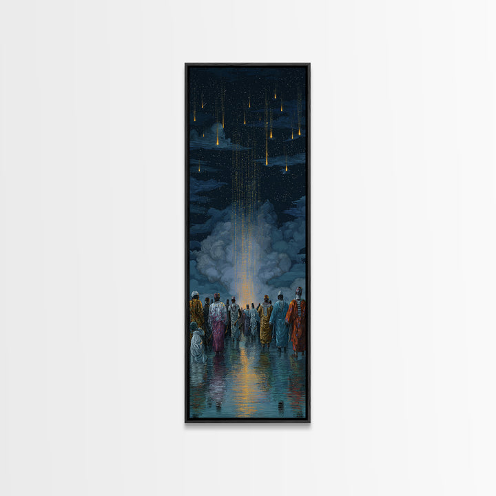 Robed Figures Watching Golden Light Rain From Clouds, Wall Art, Spiritual African Canvas Print, Mystical Home Decor Gift