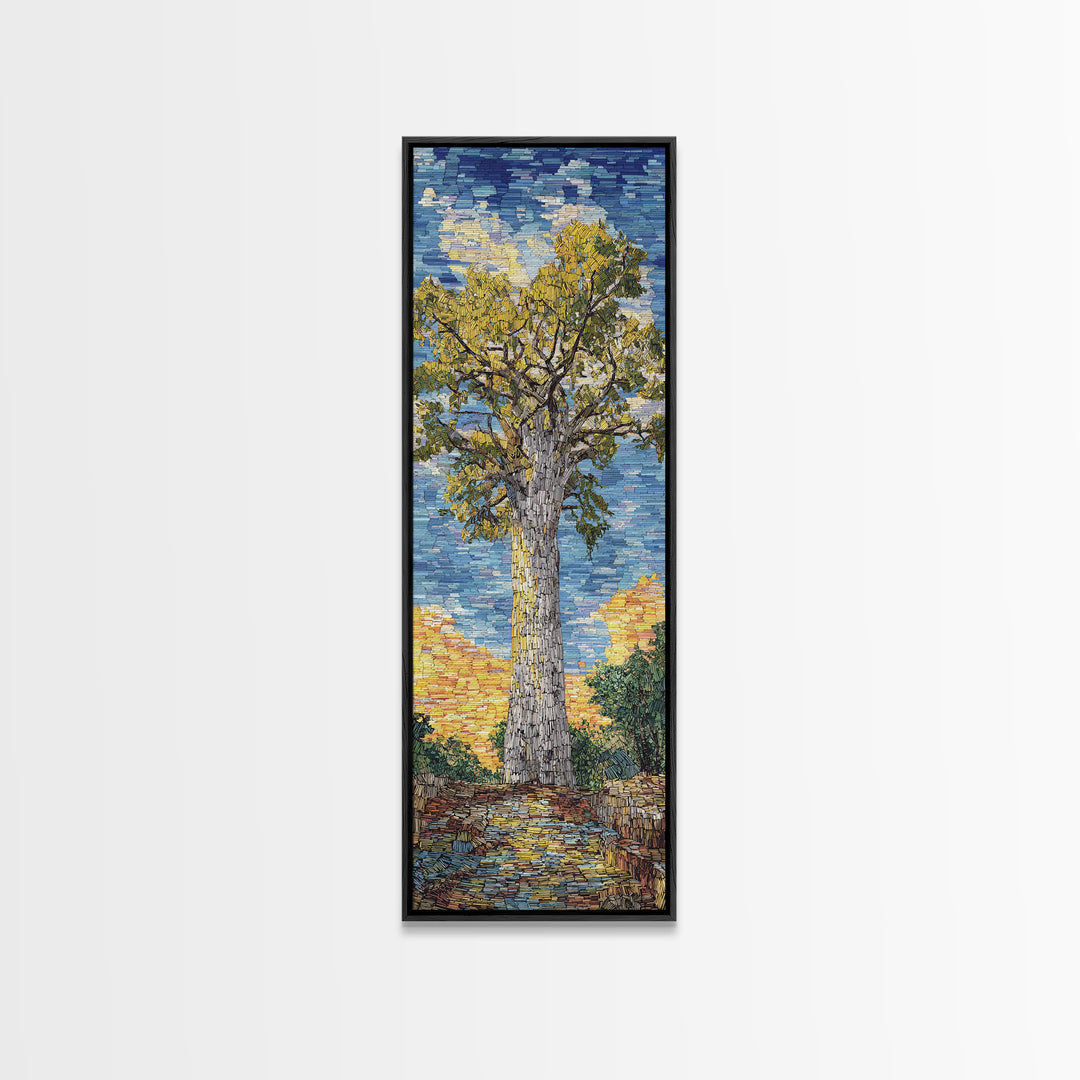 Impressionist Baobab Mosaic Path, African Wall Art, Blue Yellow Safari Landscape, Textured Decor, Premium Canvas Print Gift