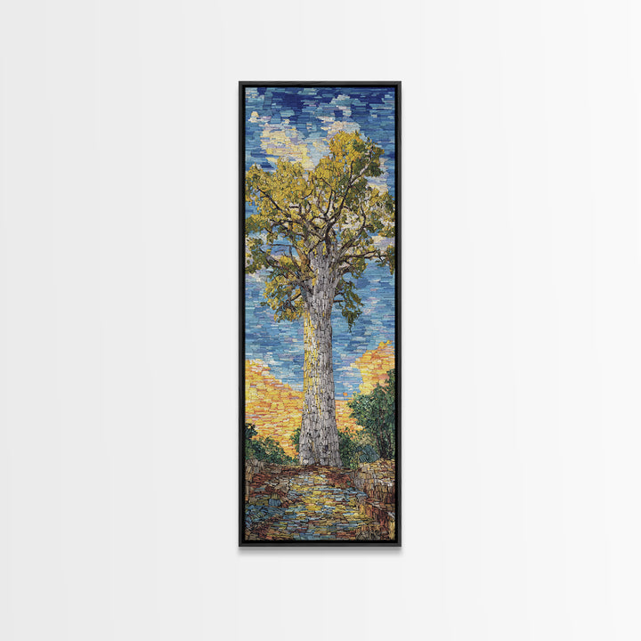 Impressionist Baobab Mosaic Path, African Wall Art, Blue Yellow Safari Landscape, Textured Decor, Premium Canvas Print Gift