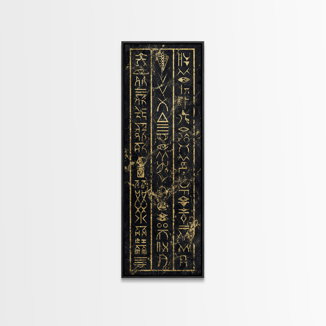 Gold Ancient African Glyphs On Black Wall Art, Tribal Hieroglyphic Canvas, Afrocentric Decor, Cultural Home Decor Gift For Living Room
