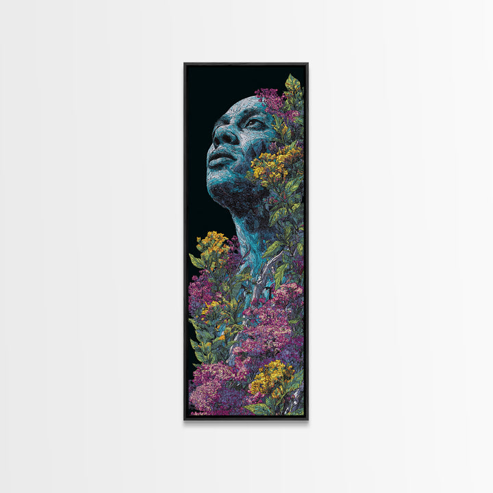 Blue Floral African Portrait Wall Art, Black Man Nature Canvas, Afrocentric Artwork, Contemporary Home Decor Gift For Living Room