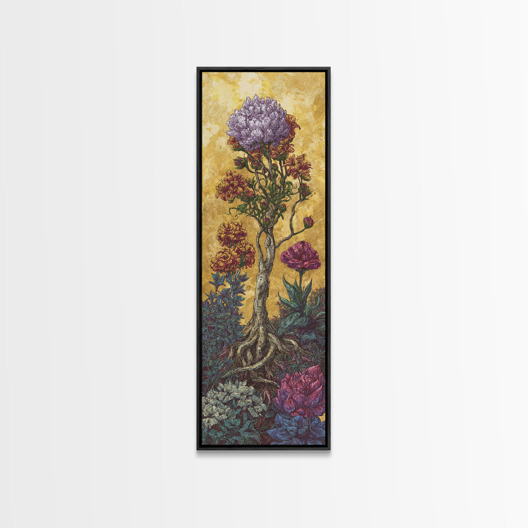 Golden Surreal African Flowering Tree Canvas Print, Botanical Wall Decor, Nature Scene Art, Elegant Home Decor Gift For Living Room