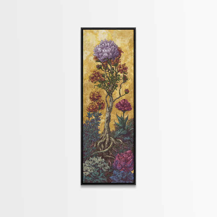 Golden Surreal African Flowering Tree Canvas Print, Botanical Wall Decor, Nature Scene Art, Elegant Home Decor Gift For Living Room