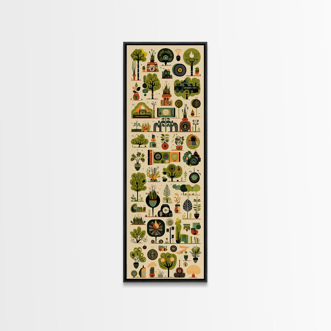 Whimsical African Garden Icon Wall Art, Botanical Pattern Canvas, Green Nature Decor, Modern Afrocentric Home Decor Gift