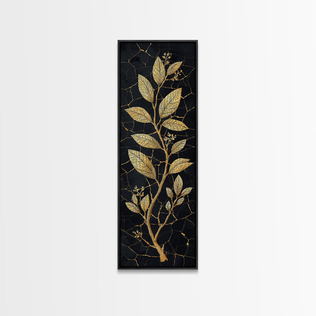 Gold Botanical Branch On Cracked Black Stone Wall Art, Luxury Canvas Print, Elegant Home Decor, Nature Artwork Gift For Living Room