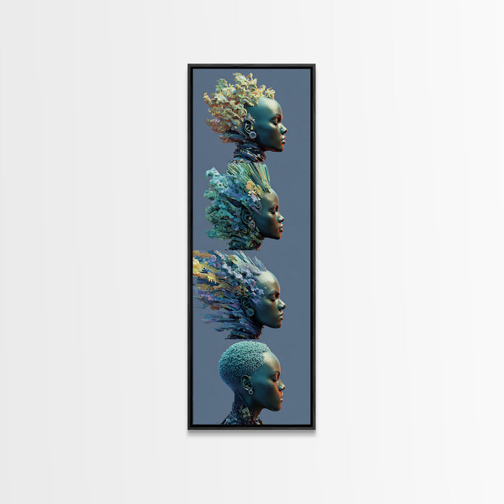 Four Blue African Women In Profile With Floral Hair Framed Canvas Print, Afrocentric Wall Art, Black Beauty Portrait Decor