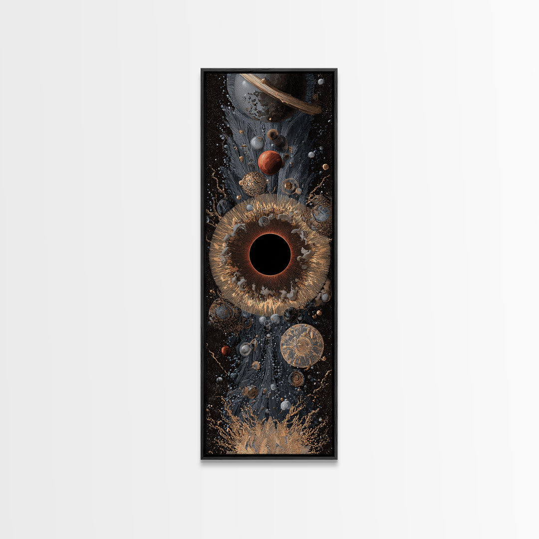 Cosmic Black Hole With Gold Planets And Textured Orbit Canvas Print, Abstract Wall Art, Modern Space Decor, Luxury Art Gift