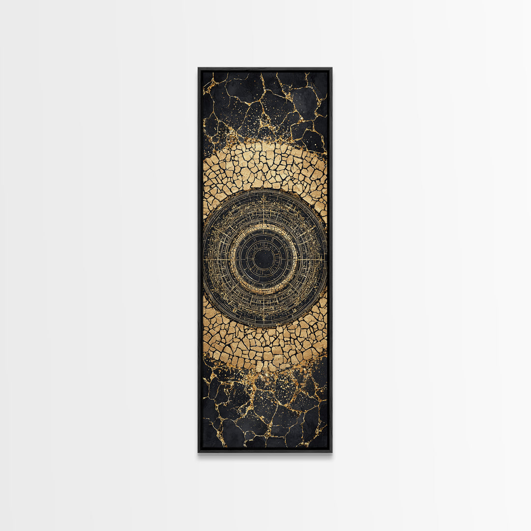 Cracked Gold Circular Mandala On Black Stone Wall Art, Geometric Canvas Print, African Inspired Decor, Bold Statement Gift
