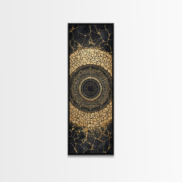 Cracked Gold Circular Mandala On Black Stone Wall Art, Geometric Canvas Print, African Inspired Decor, Bold Statement Gift