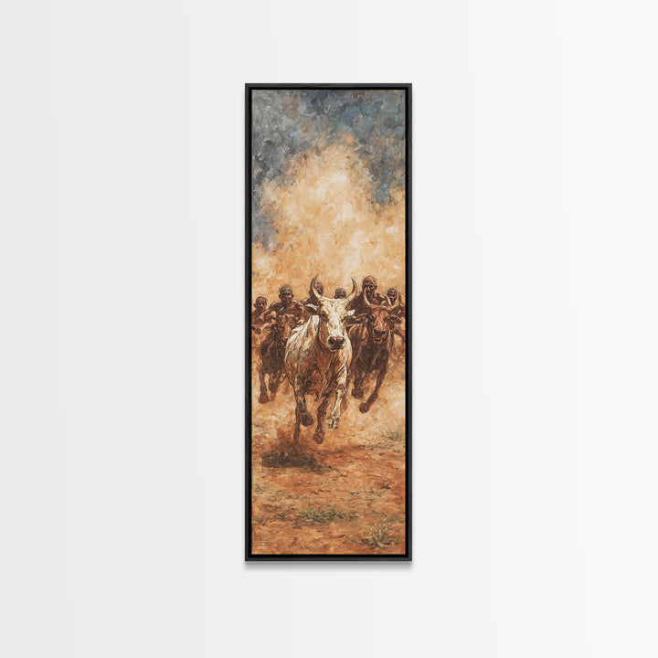 Dusty African Cattle Charge With Warriors Wall Art, Afrocentric Safari Painting, Tribal Culture Decor, Large Canvas Print
