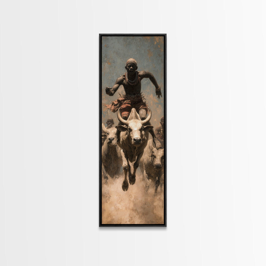 African Bull Rider Herding Cattle Framed Canvas Print, Warrior Portrait Wall Art, Afrocentric Safari Decor, Rustic Home Gift