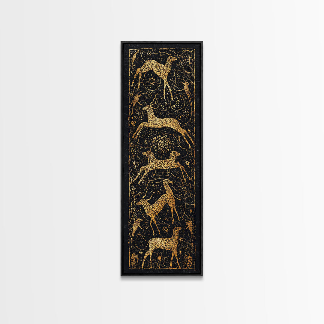 Gold Giraffe And Antelope Tribal Pattern Canvas Print, African Safari Wall Art, Black Gold Decor, Ethnic Textile Inspired Style