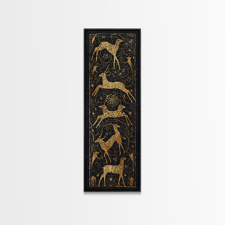 Gold Giraffe And Antelope Tribal Pattern Canvas Print, African Safari Wall Art, Black Gold Decor, Ethnic Textile Inspired Style