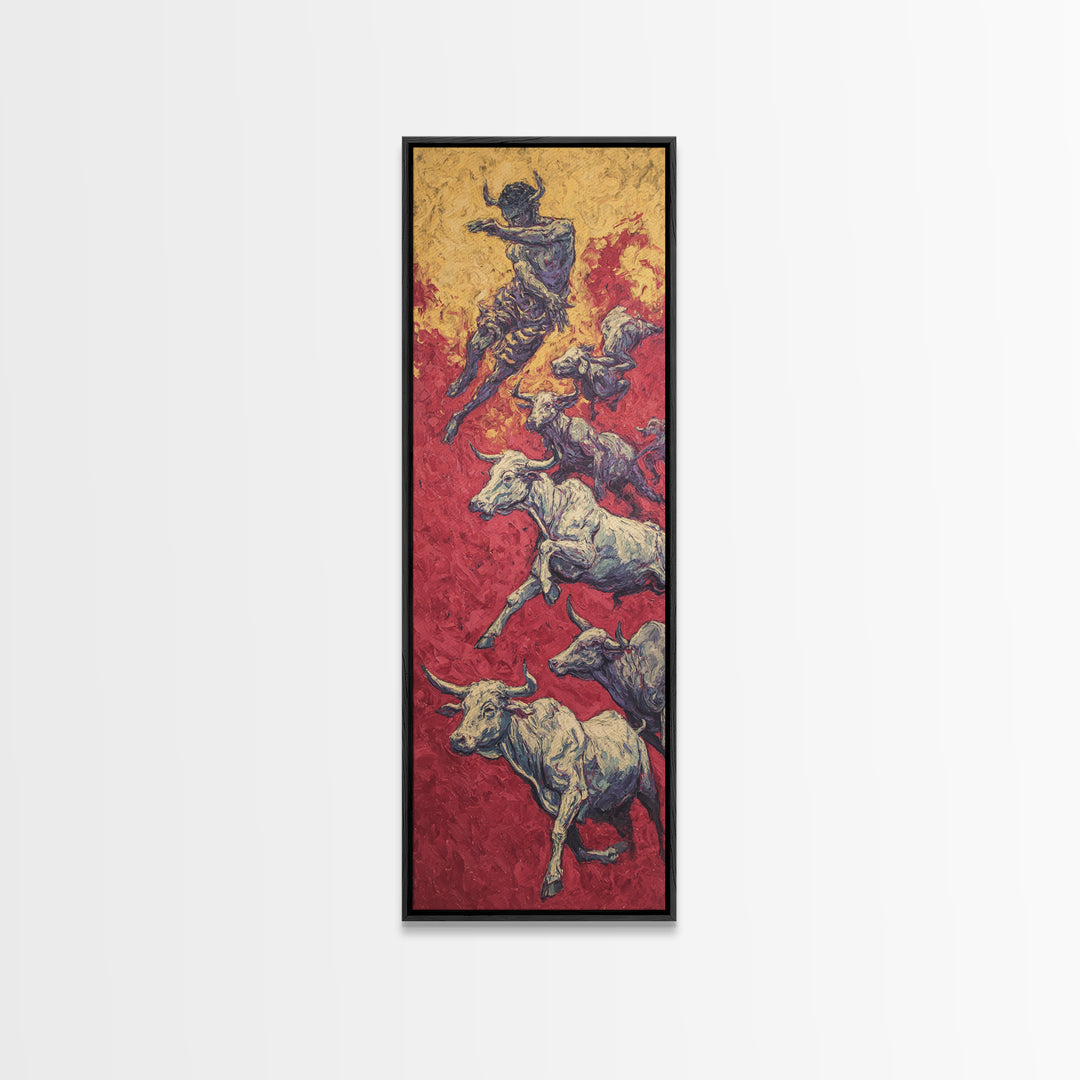 Leaping Bull Rider Over White Cattle Wall Art, African Warrior Art Canvas Print, Red Ochre Safari Decor, Bold Ethnic Gift
