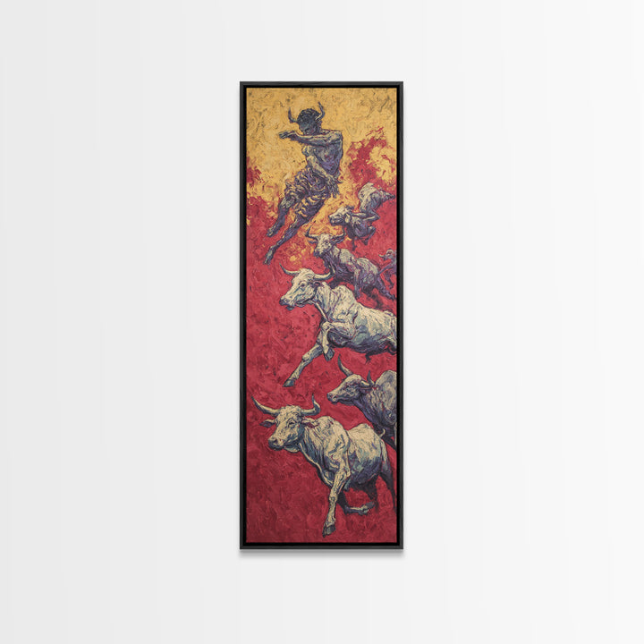 Leaping Bull Rider Over White Cattle Wall Art, African Warrior Art Canvas Print, Red Ochre Safari Decor, Bold Ethnic Gift