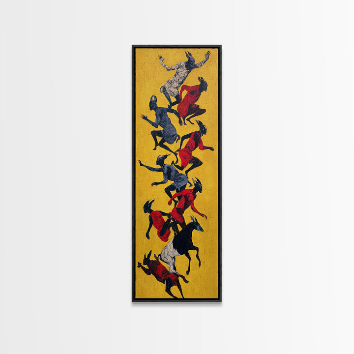 Yellow Abstract Dancers And Goats Canvas Print, African Tribal Art Wall Art, Red Black Ethnic Decor, Modern Culture Gift