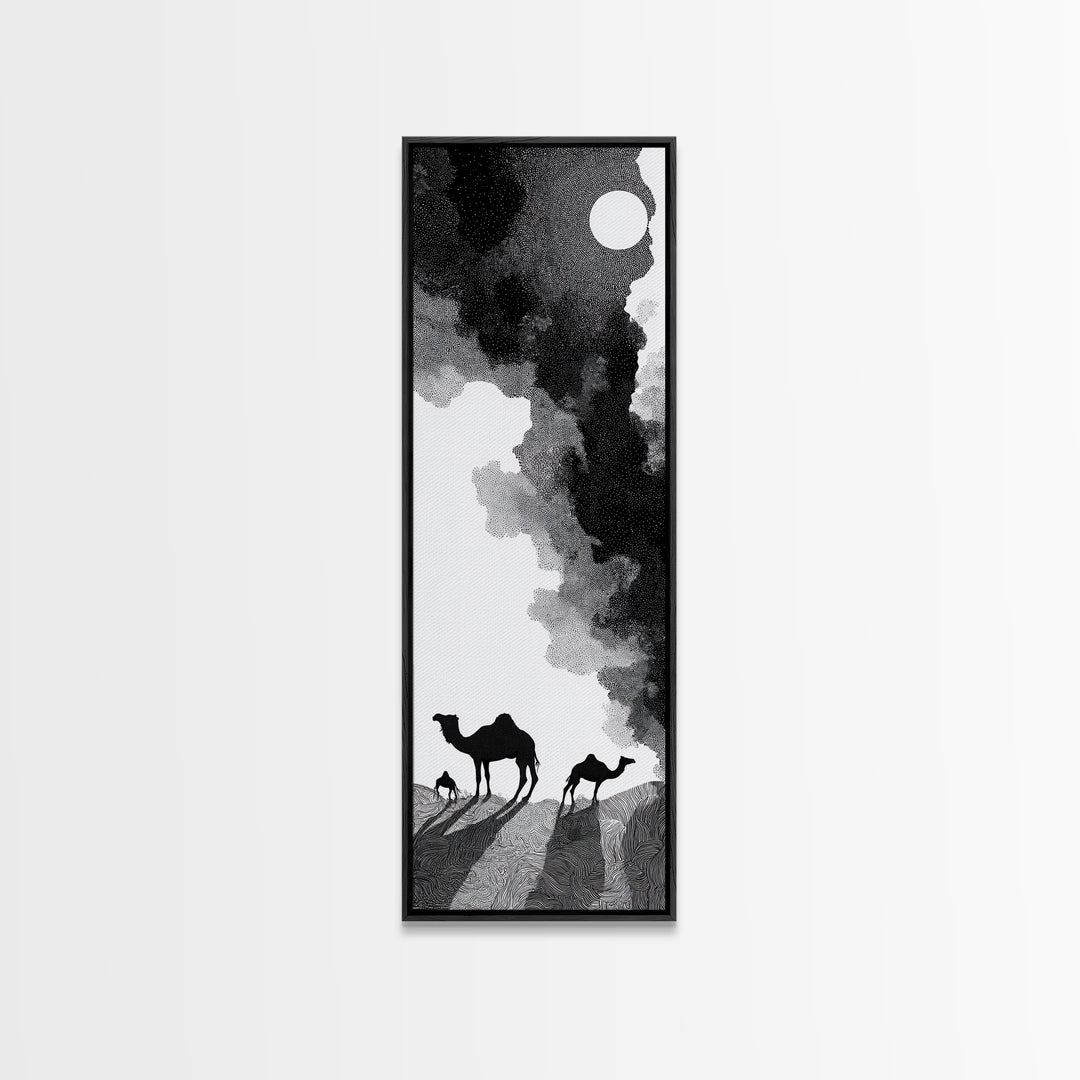 Black And White Desert Camels Under Sun Wall Art, African Landscape Canvas Print, Minimalist Safari Decor, Boho Travel Gift