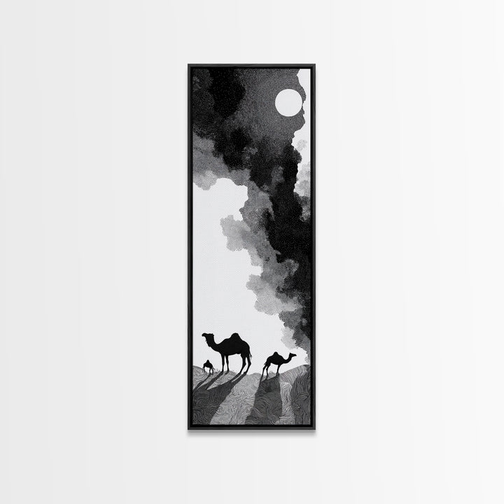 Black And White Desert Camels Under Sun Wall Art, African Landscape Canvas Print, Minimalist Safari Decor, Boho Travel Gift