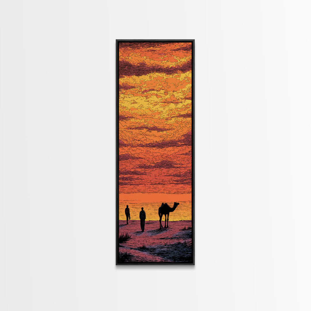 Orange Sahara Sunset With Camel Silhouettes Canvas Print, African Landscape Wall Art, Desert Travel Decor, Warm Boho Gift