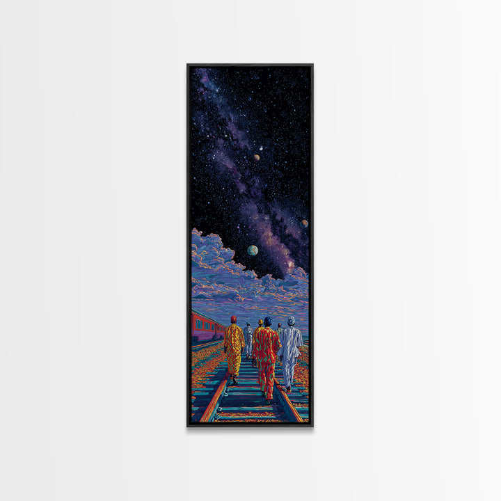 Afrofuturist Travelers On Cosmic Railroad Canvas Print, Black Culture Art, Galaxy Wall Decor, Modern African Home Decor Gift