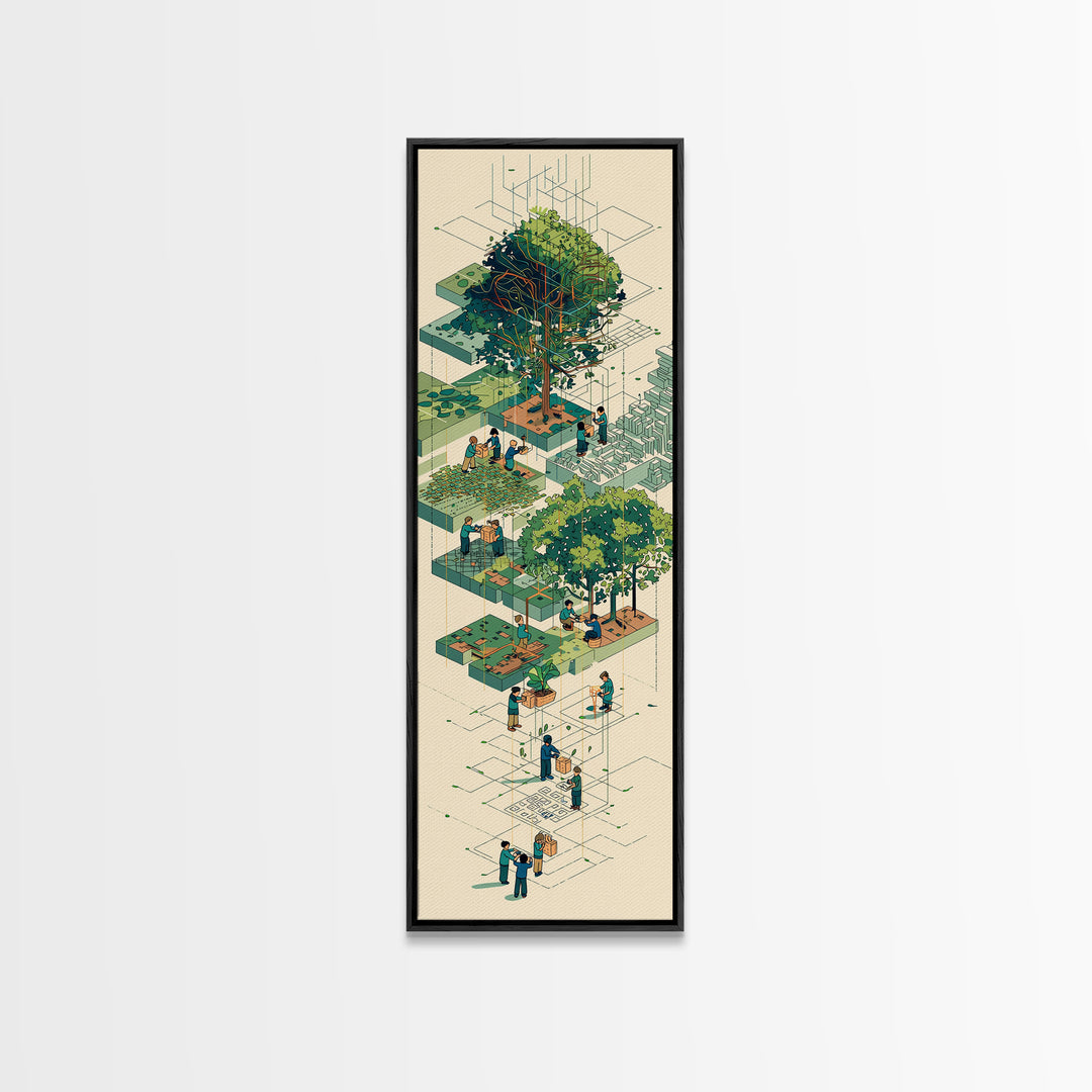 Isometric Urban Garden And Big Tree Wall Art, Community Park Illustration, Modern Green Home Decor, Unique Canvas Gift For Office
