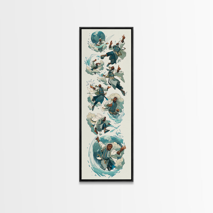 Whimsical Martial Artist Canvas Print, Water And Wind Adventure Art, Playful Fantasy Wall Decor, Unique Kids Room Art Gift