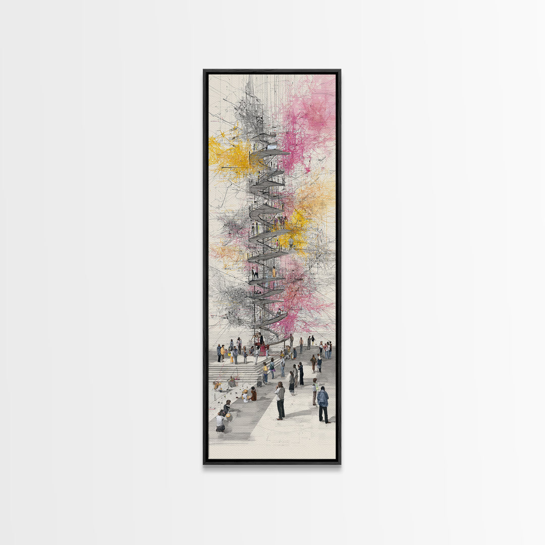 Spiral Tower In Blooming City Framed Canvas Print, Architectural Wall Art, Urban People Scene, Modern Office Decor Gift For Him