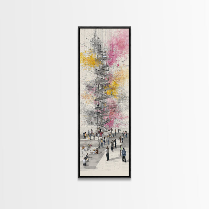 Spiral Tower In Blooming City Framed Canvas Print, Architectural Wall Art, Urban People Scene, Modern Office Decor Gift For Him