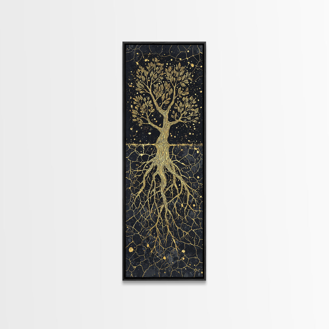 Golden Rooted Tree Of Life Framed Canvas Print, African Abstract, Black And Gold Art, Spiritual Wall Decor, Statement Piece