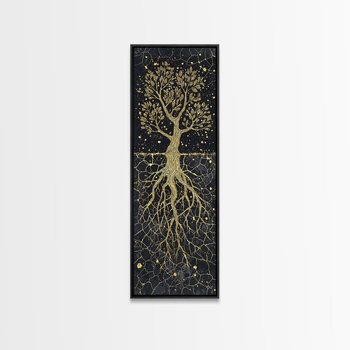 Golden Rooted Tree Of Life Framed Canvas Print, African Abstract, Black And Gold Art, Spiritual Wall Decor, Statement Piece
