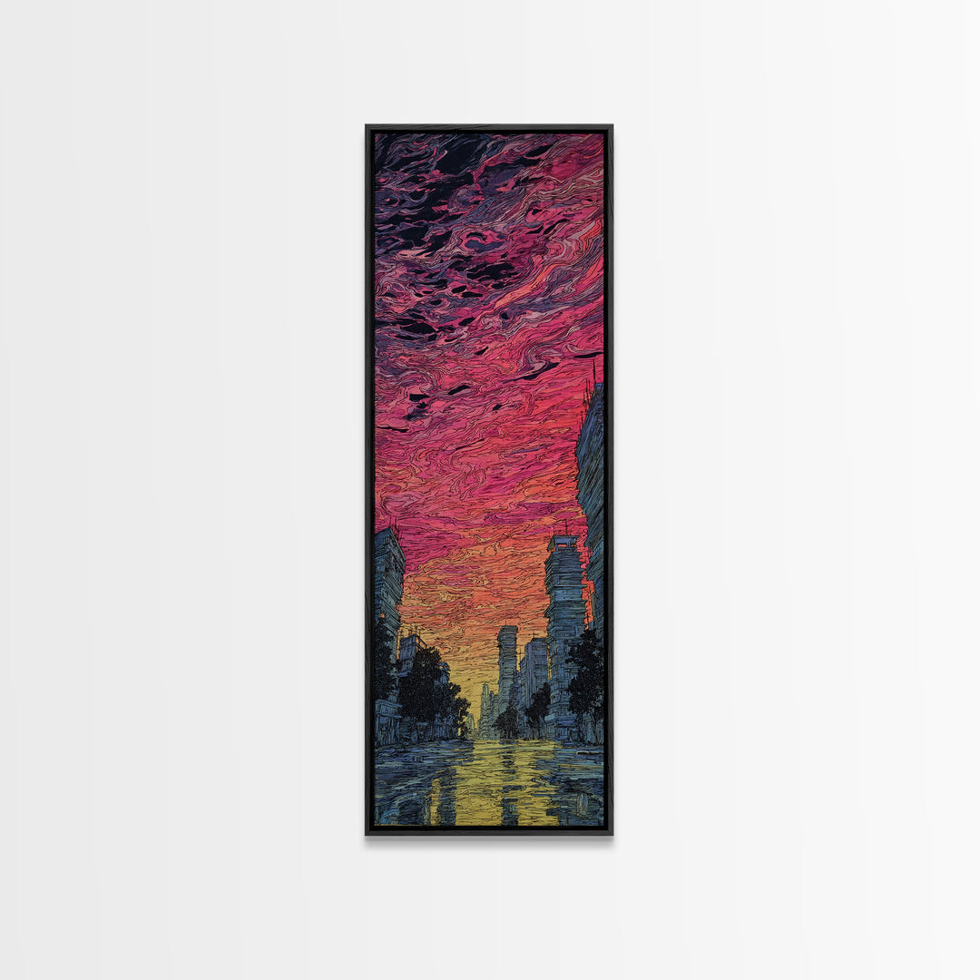 Dramatic Sunset City Skyline Canvas Print, Urban Wall Art, Modern African Inspired Decor, Moody Skyscraper Living Room Art