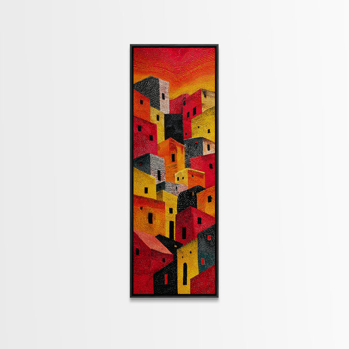 Bold Sunlit Geometric Village Wall Art, African Inspired Decor, Colorful Abstract Painting, Modern Boho Canvas Print Gift