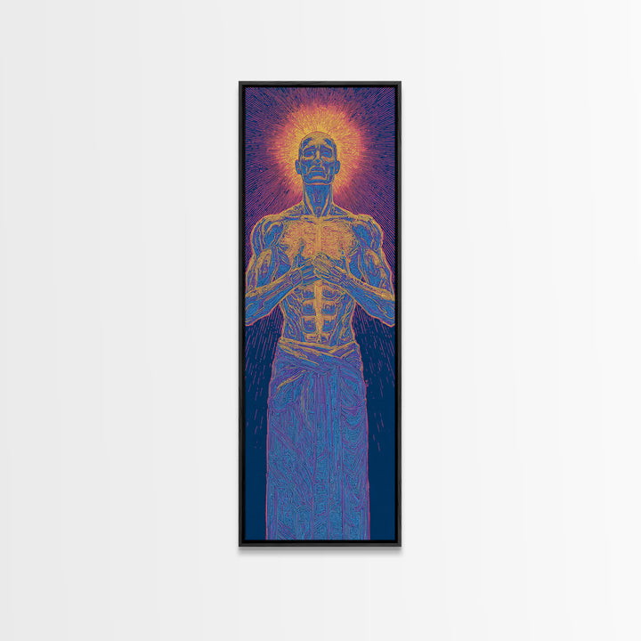 Glowing Anatomical Prayer Male Energy Figure Canvas Print, Spiritual Wall Art, Abstract Black Art, Meditation Room Decor Gift