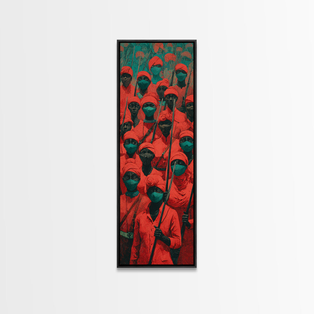 Red Hooded Spear Bearers Procession Wall Art, African Warrior Art, Tribal Decor, Cultural Wall Decor, Bold Canvas Print Gift