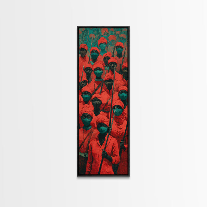 Red Hooded Spear Bearers Procession Wall Art, African Warrior Art, Tribal Decor, Cultural Wall Decor, Bold Canvas Print Gift