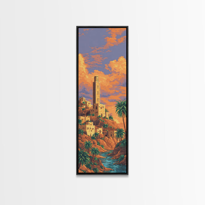 Sunset Desert Tower Oasis Canvas Print, African Landscape Wall Decor, Moroccan Travel Poster, Palm Tree Boho Home Decor Gift