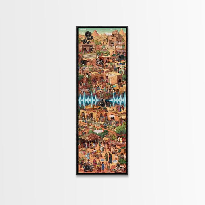 Bustling African Market City Wall Art, Pixel Style Cultural Canvas Decor, Afrocentric Travel Poster, Vibrant Statement Print
