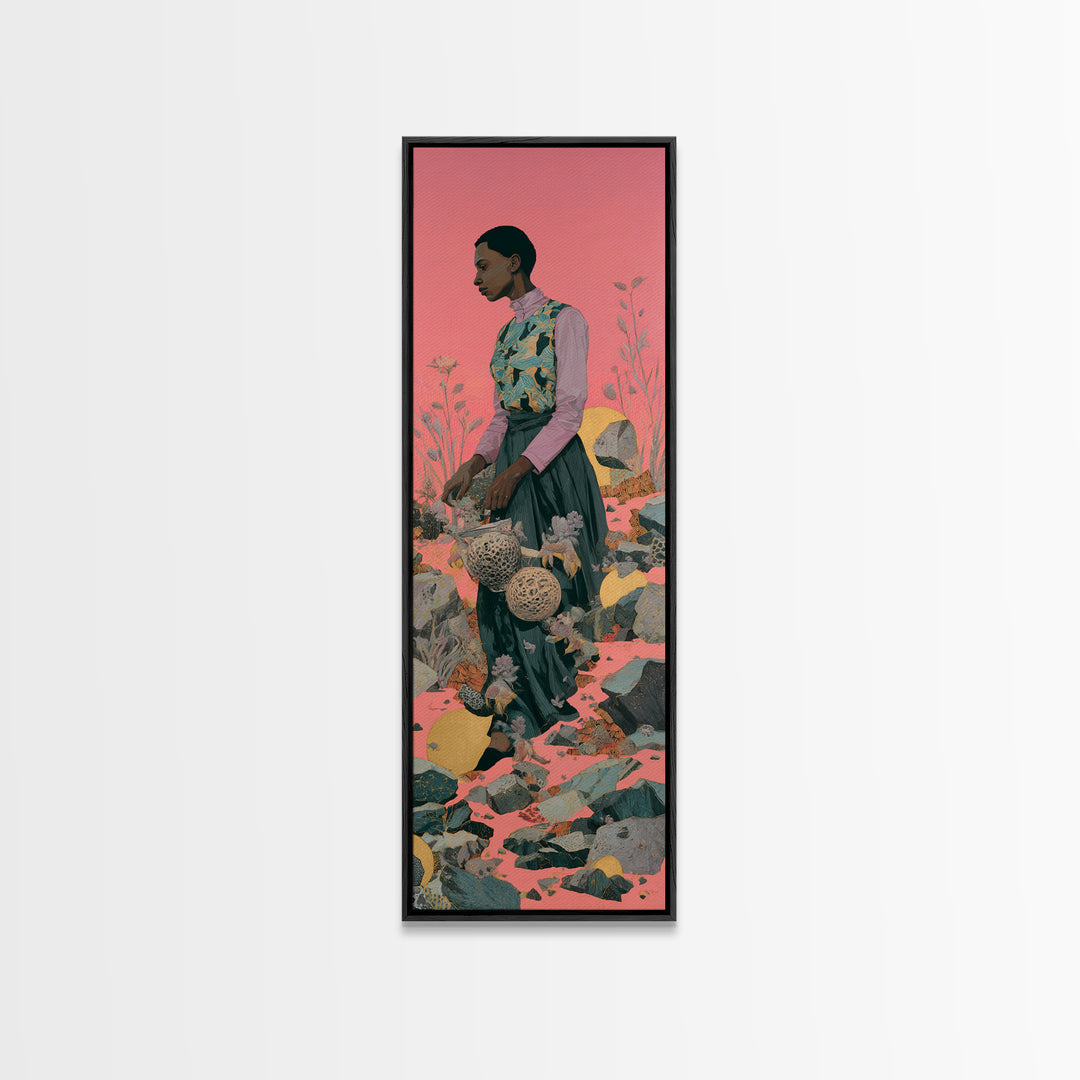 Elegant Black Woman In Floral Garden Framed Canvas Print, African Woman Art, Feminine Wall Decor, Melanin Portrait Gift For Her