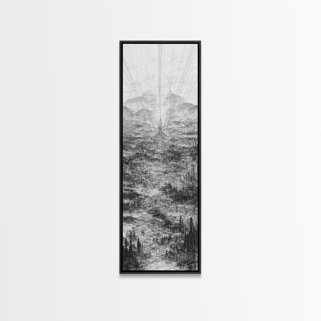 Monochrome Futuristic City Spire Canvas Print, Abstract Urban Architecture Wall Decor, Minimalist Black And White Art Poster