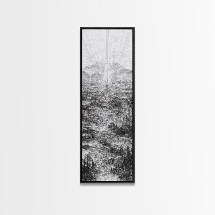 Monochrome Futuristic City Spire Canvas Print, Abstract Urban Architecture Wall Decor, Minimalist Black And White Art Poster