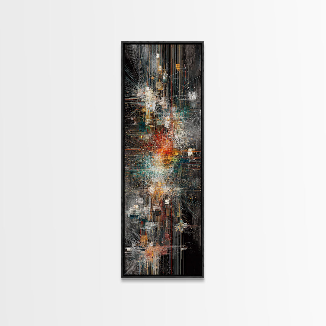 Dark Futuristic City Lights Framed Canvas Print, Abstract Urban Wall Art, Modern Black Gold Teal Statement Decor For Living Room