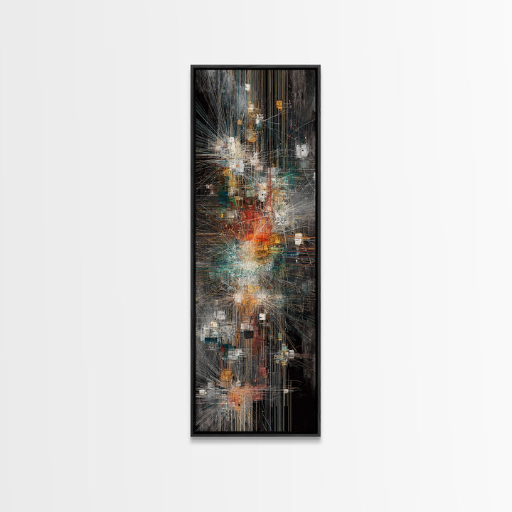 Dark Futuristic City Lights Framed Canvas Print, Abstract Urban Wall Art, Modern Black Gold Teal Statement Decor For Living Room