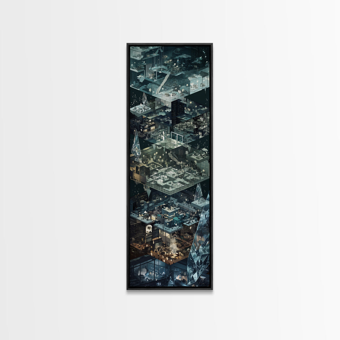 Floating Crystal Interior Architecture Wall Art, Futuristic Isometric Rooms Print, Modern Blue Gray Sci Fi Home Decor Gift