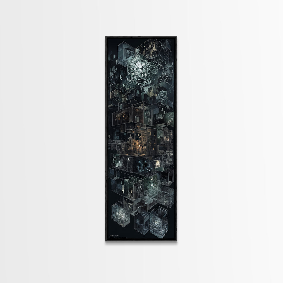 Dark Isometric Cyberpunk City Blocks Canvas Print, Futuristic Architecture Wall Decor, Modern Black Sci Fi Art Poster Gift