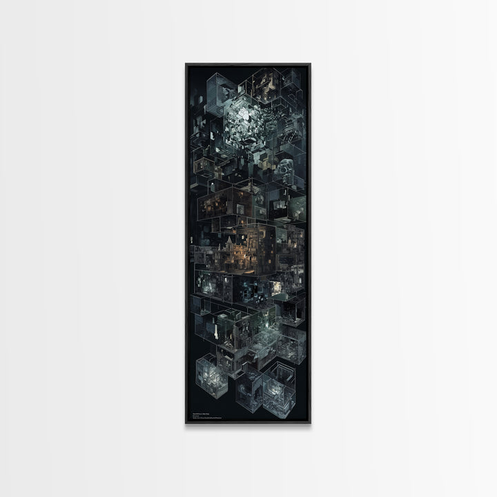 Dark Isometric Cyberpunk City Blocks Canvas Print, Futuristic Architecture Wall Decor, Modern Black Sci Fi Art Poster Gift