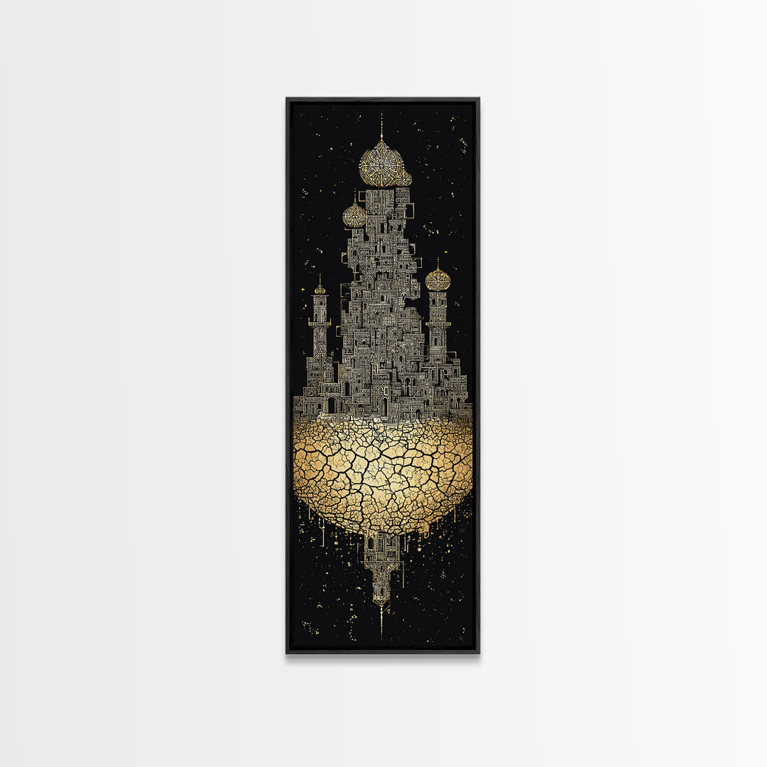 Golden Floating Afro Futurist Castle, Black And Gold African Wall Art, Luxury Canvas Print, Statement Home Decor Gift For Living Room
