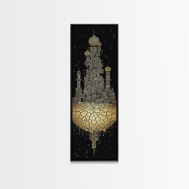 Golden Floating Afro Futurist Castle, Black And Gold African Wall Art, Luxury Canvas Print, Statement Home Decor Gift For Living Room