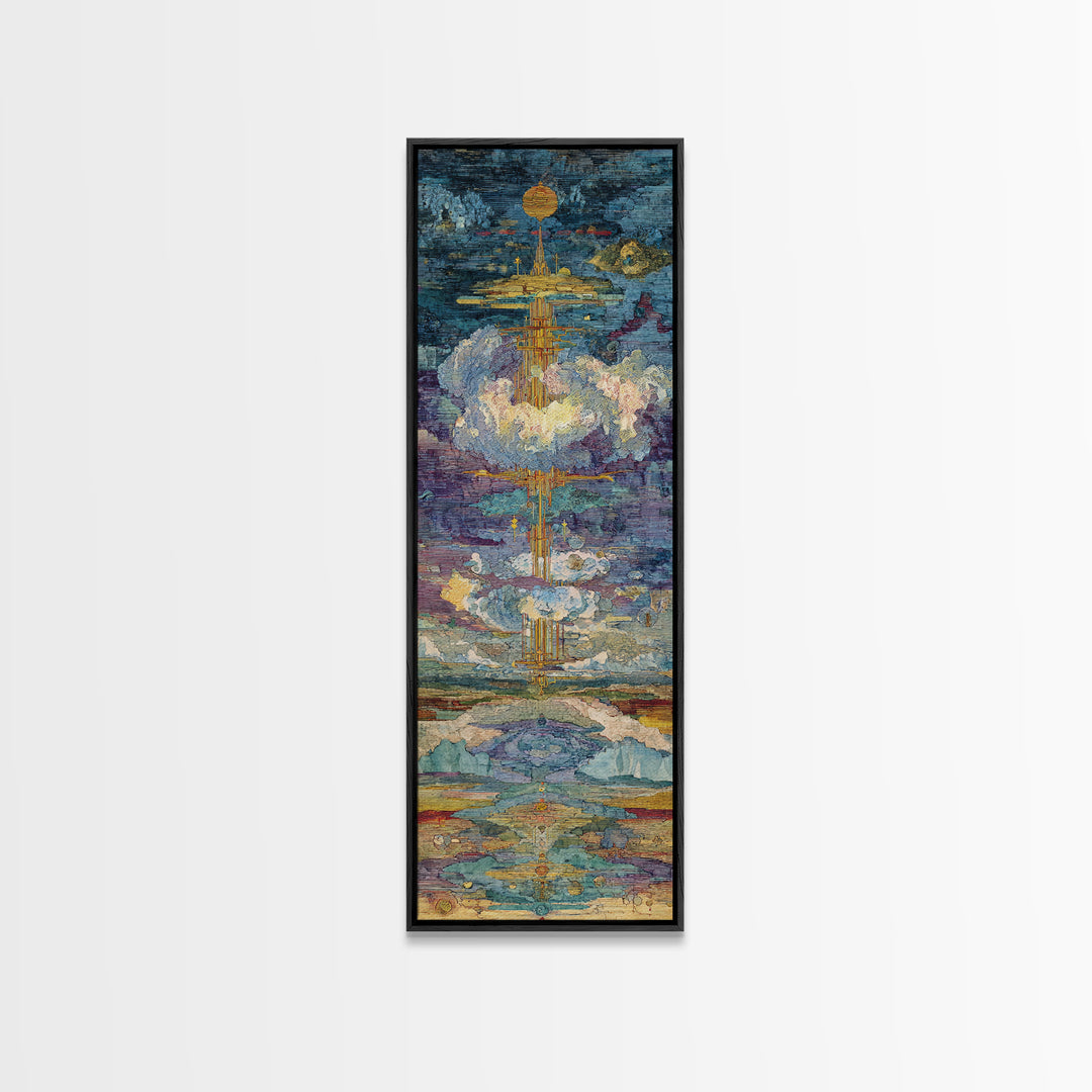 Floating Golden Temple In Clouds Wall Art, Mystical Landscape Art Print, Blue Gold Statement Decor, Modern Canvas Art Gift